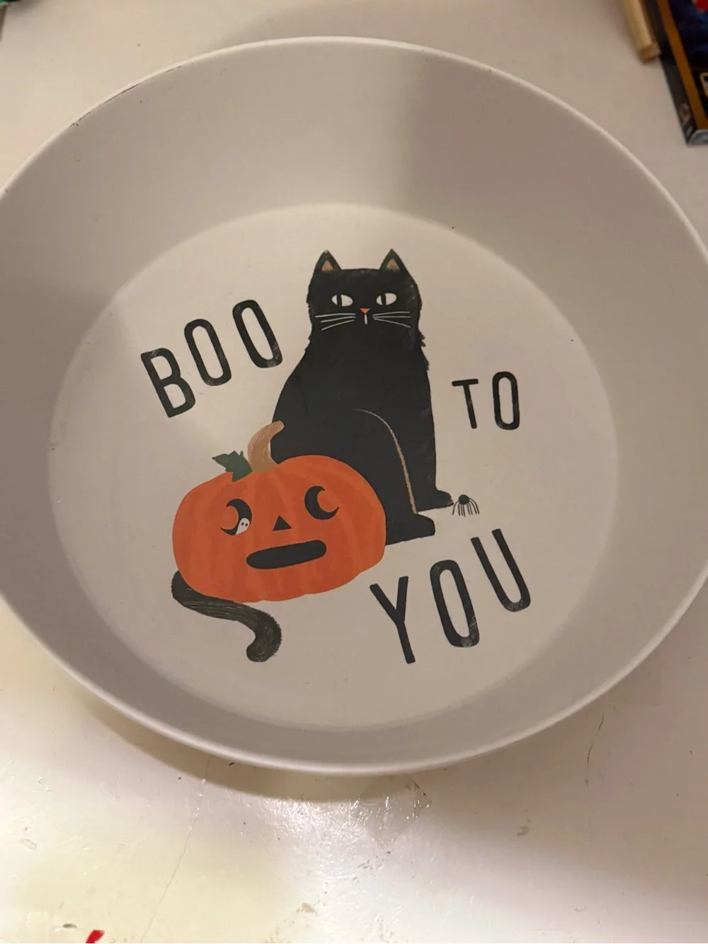 Halloween Cat & Pumpkin Serving Bowl - White and Orange Halloween Candy Bowl